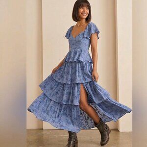 Altar'd State NEW Women's Size S Roxanne Blue Embroidered Maxi Tiered Dress